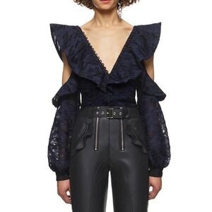 Self Portrait Womens Lace Cold Shoulder Ruffle V Neck Long Sleeve Top Size‎ 2